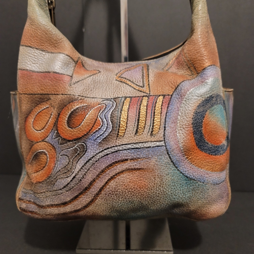 Anushka Hand Painted Leather Hobo Shoulder Bag Geometric Shapes
